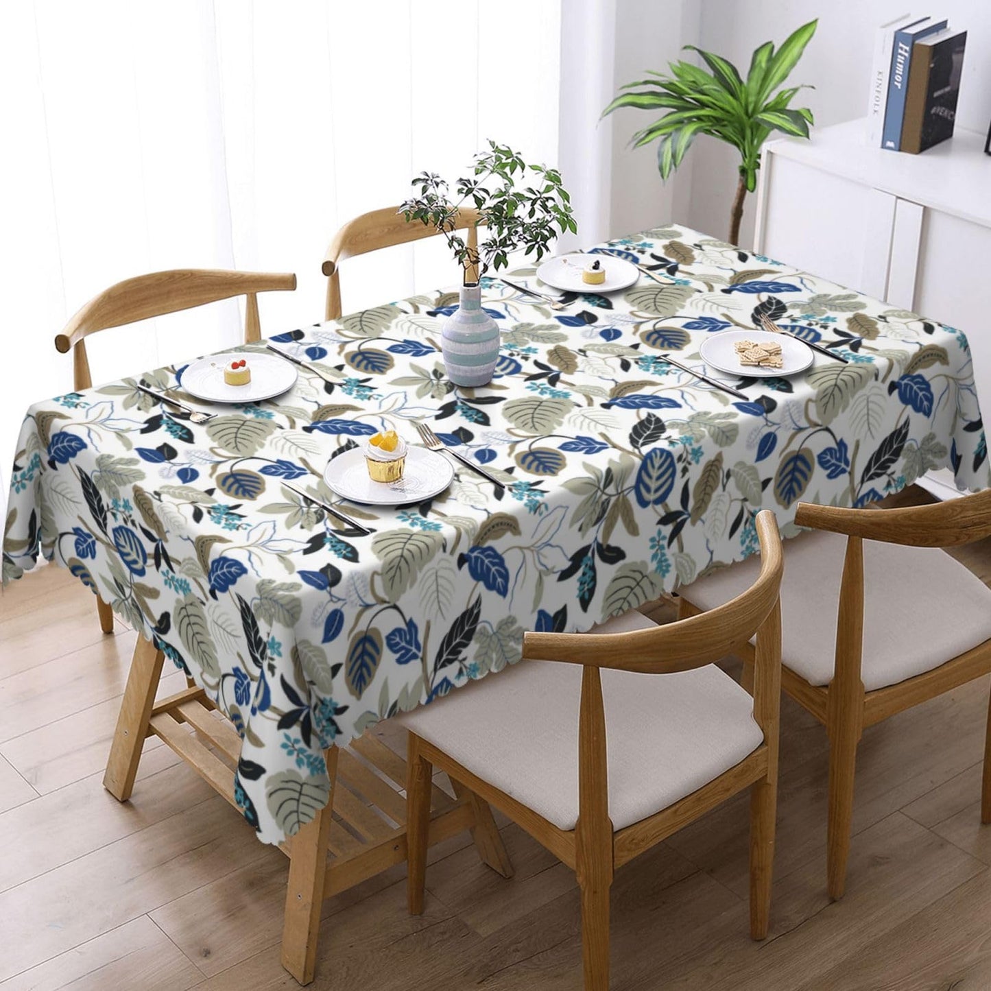 LORCARVIS Breeze Leaves Tablecloth Blue Flowers Polyester Rectangle Table Cloth Washable Seasonal Tabletop for Kitchen Dinning Party Outdoor Picnic 54 x 72 Inch Tablecloths