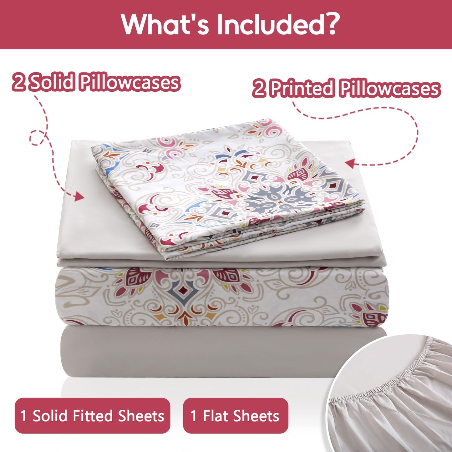 LONAVA Boho Queen Size 6 Pcs Sheet Set, Breathable Microfiber Deep Pocket Concrete Fitted Sheets, Comfy & Breathable Patterned Flat Sheets,4 Gentle Soft Pillowcases, Cream Pasliey