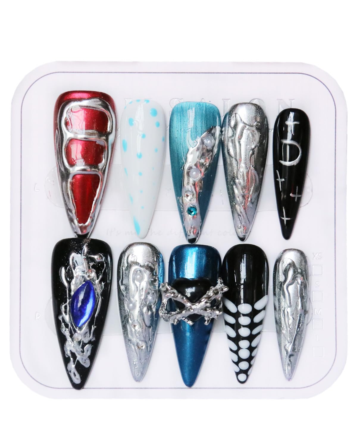 CAMILCY Luxury Handmade Press on Nails Long Stiletto Blue Black Silver Chrome Gothic Y2K Fake Nails with Charms Glossy Hand Painted Salon Acrylic Nail Art Tips for Women 10pcs (A047, M)