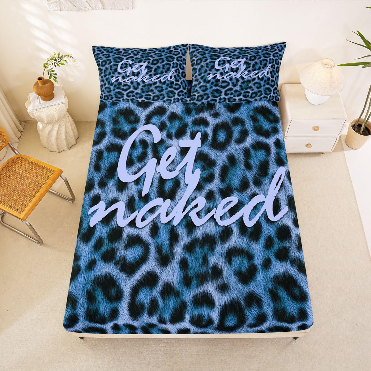 Feelyou Leopard Print Get Naked Fitted Sheet Full Size for Kids Boys Girls Funny Quotes Bed Sheets Set 16" Deep Pocket Soft Microfiber Blue Black Bedding with 2 Pillowcases Cheetah Room Decor