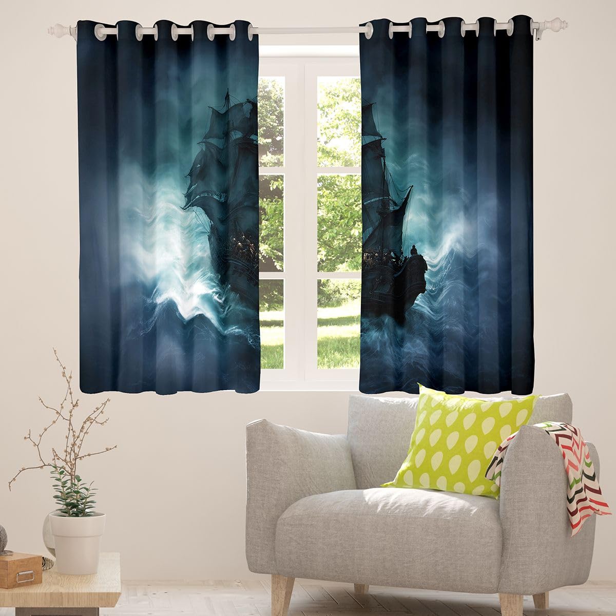 Erosebridal Nautical Blackout Curtains Retro Sailboat Sailing Window Curtains 42" Wx63 L Teen Kids Men Fantasy Ocean Advanture Window Treatments Drapes Bedroom Mystical Coastal Travel 2 Panels Decor
