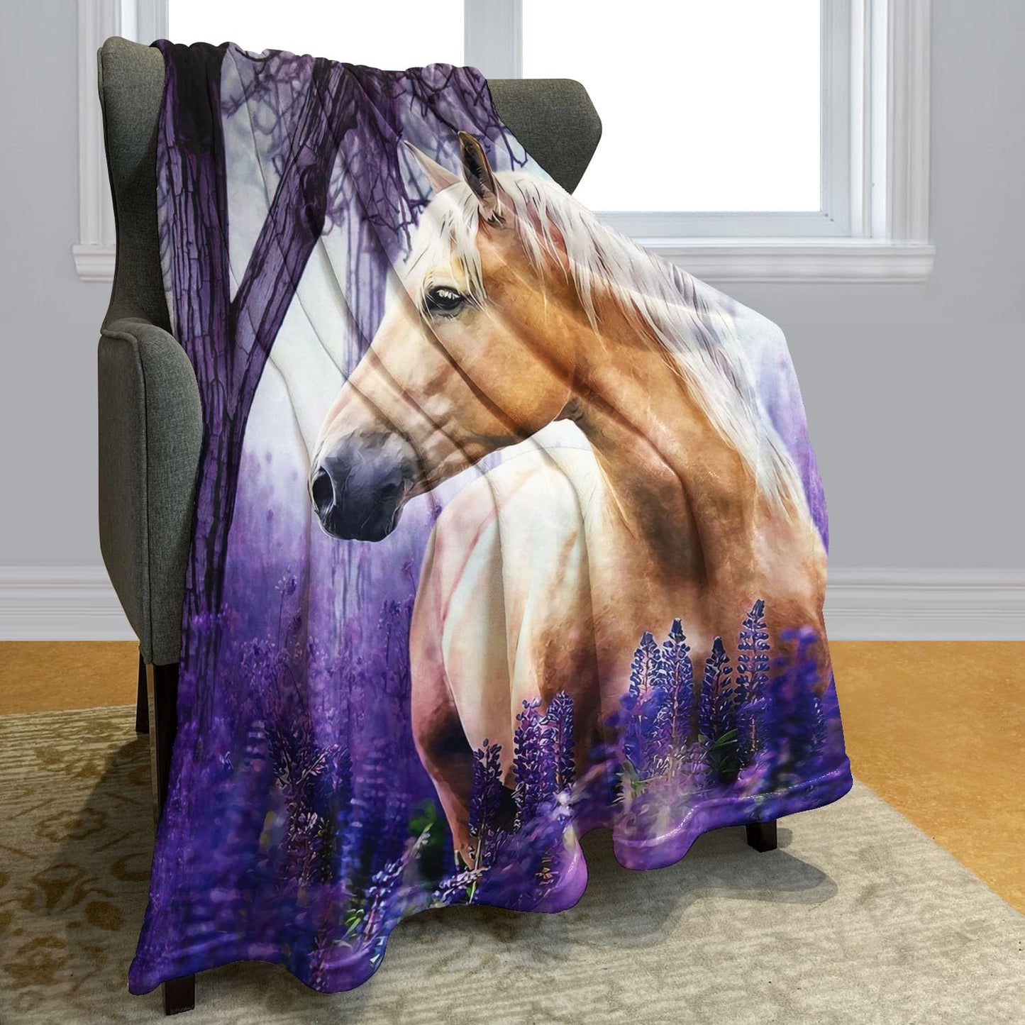 HommomH 60"x80" Palomino Horse Blanket with Purple Lavender, Super Soft Fleece Throw Blankets for Girls Women