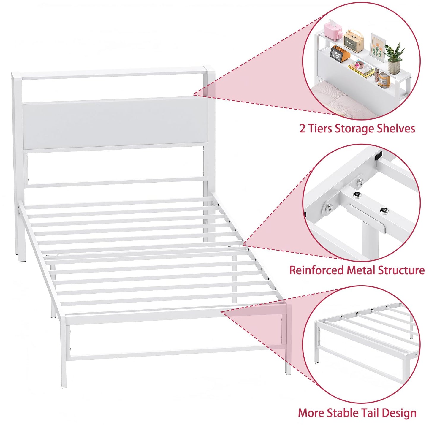 Weehom Twin Bed Frames for Kids, Twin Size Bed with 2 Tiers Wood Shelves Headboard No Box Spring Needed Easy Assembly Heavy Duty Metal Plaform, White