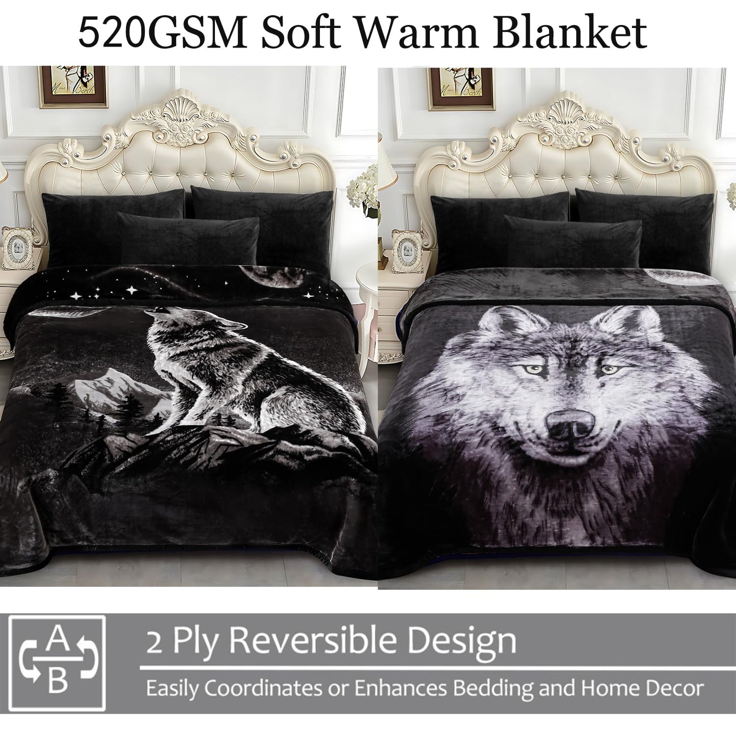 JYK Soft Fleece Bed Blanket Korean Style Blanket, 5 LB Fleece Blanket Queen 75'' x 87'' - 2 Ply Reversible 520GSM Super Soft Plush Flannel Blanket, Warm Bed Blanket for Autumn Winter - Moon Wolf/Wolf