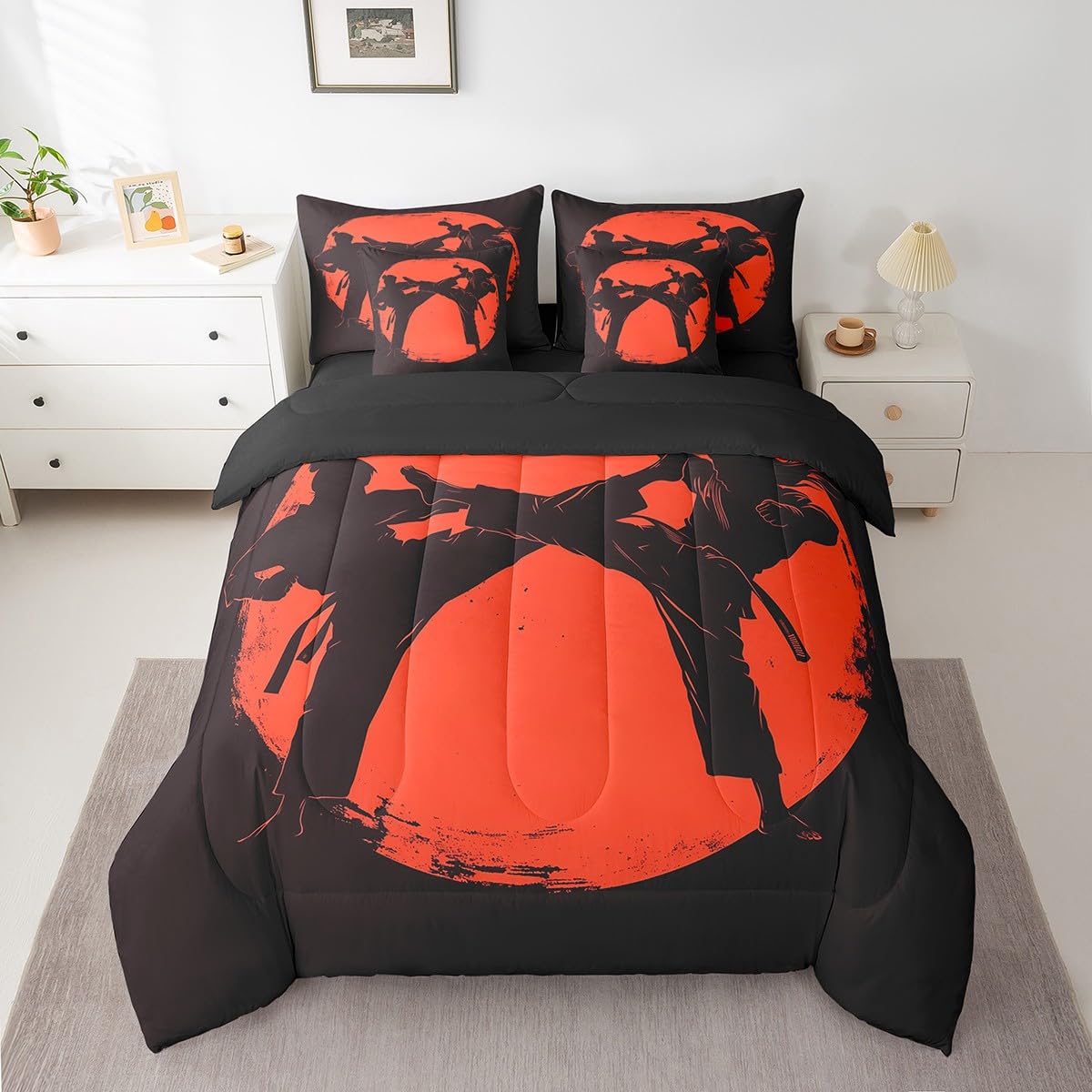 Feelyou Kids Taekwondo Comforter Set Full Size 7 Pieces Boys Girls Kungfu Bedding Set Martial Art Japanese Sports Japanese Style Bed in a Bag with Comforter, Sheets, Pillowcases & Cushion Cover