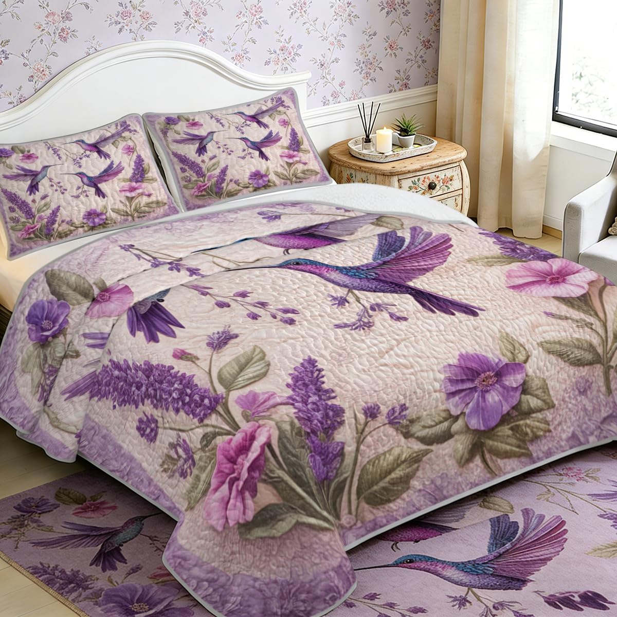 ARIGHTEX Flower Bird Quilt Set Queen Size Lavender Hummingbird Floral Bedding Set Lightweight Botanical Quilt Soft Microfiber Bedspread Coverlet Spring Bedding Set with Matching Pillow Shams