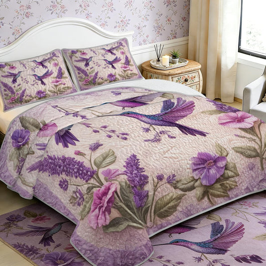 ARIGHTEX Flower Bird Quilt Set Queen Size Lavender Hummingbird Floral Bedding Set Lightweight Botanical Quilt Soft Microfiber Bedspread Coverlet Spring Bedding Set with Matching Pillow Shams