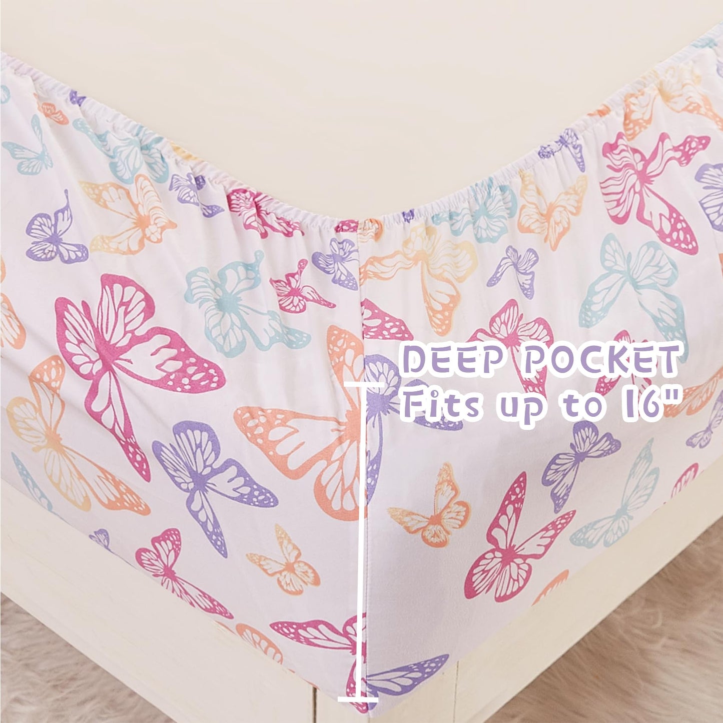 Yibeizi Butterfly Full Size Sheet Set for Girls, Kids Cute Bedsheet Microfiber Deep Pocket Bedding Sheets & Pillowcases 4 Pieces