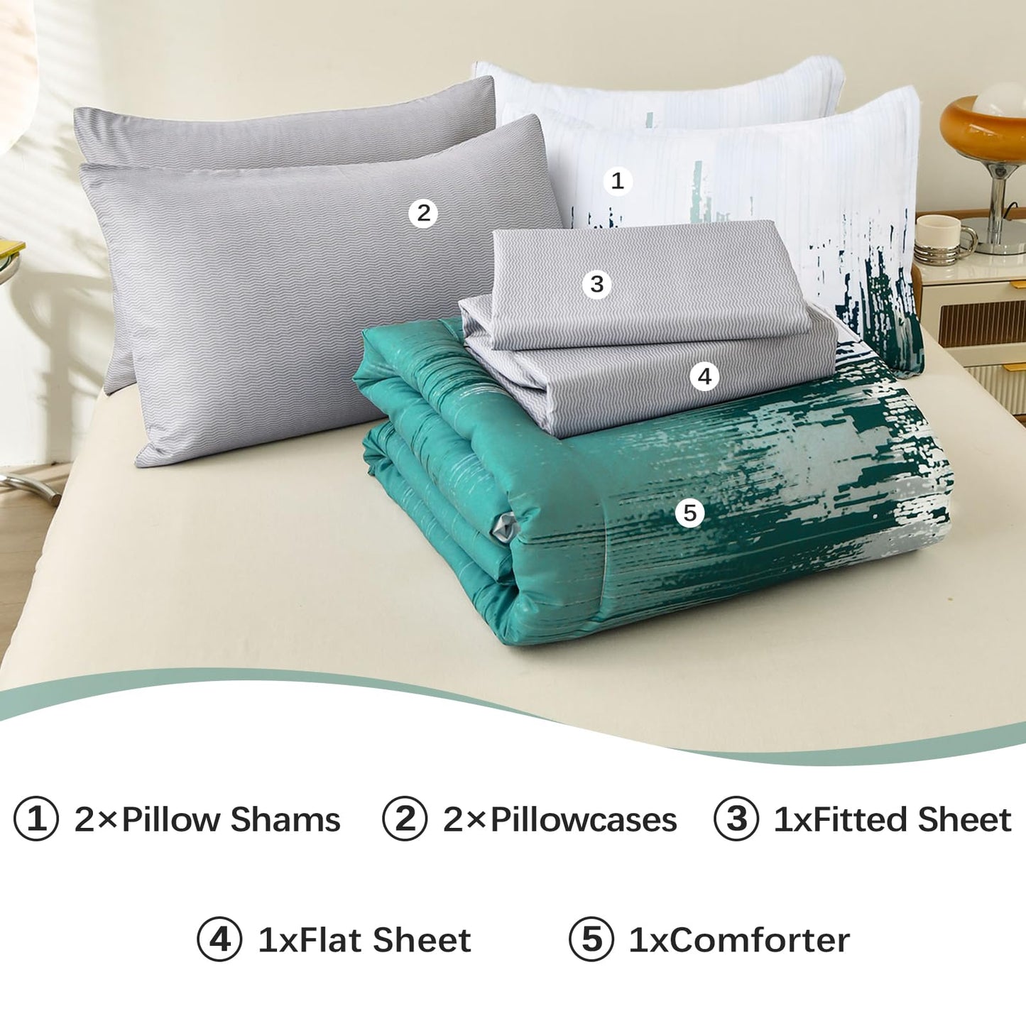 WONGS BEDDING Comforter Set Queen,Aqua 7 Pieces Bed in a Bag Colorful Abstract Art Gradient Comforter Microfiber Bedding Set,1 Comforter, 1 Flat Sheet, 1 Fitted Sheet, 2 Pillow Shams,2 Pillowcases
