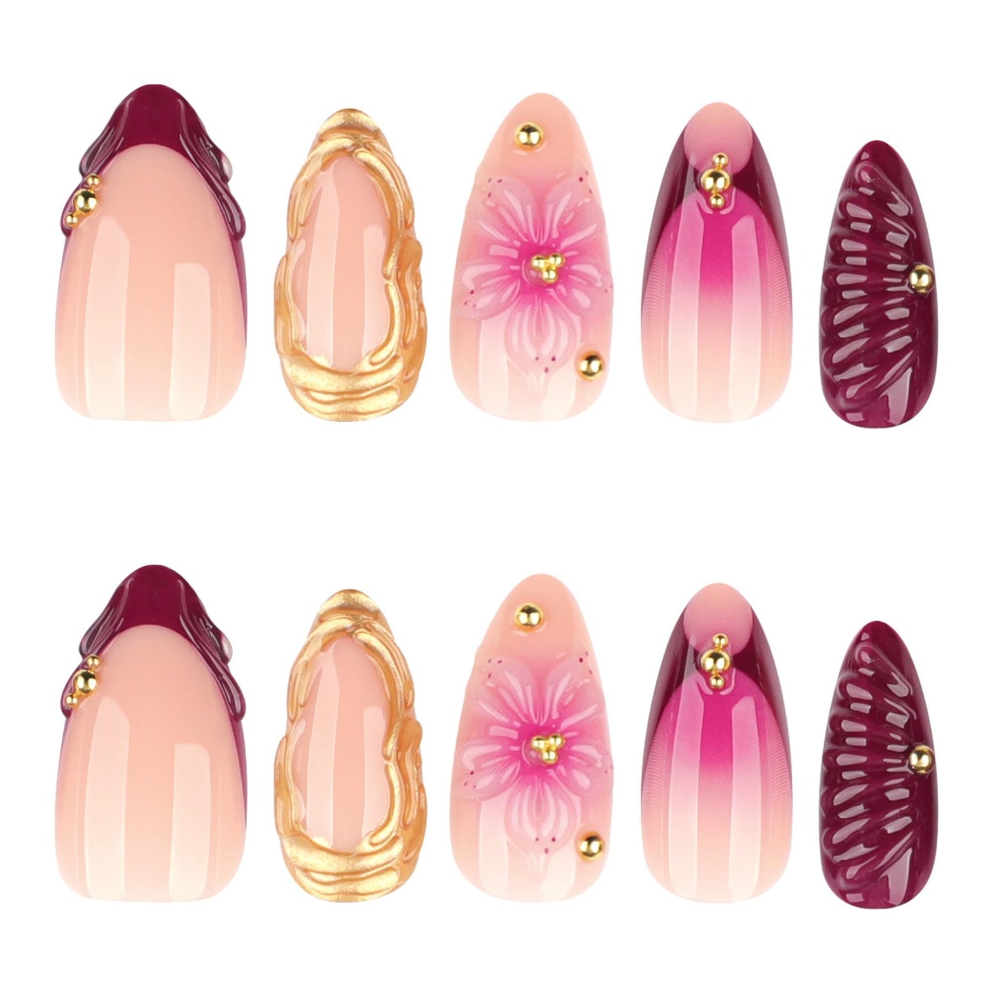octoswave Press on Nails Long Almond Fake Nails Purple French Artificial Nail with 3D Flowers Designs Stick on Nail for Women 24pcs
