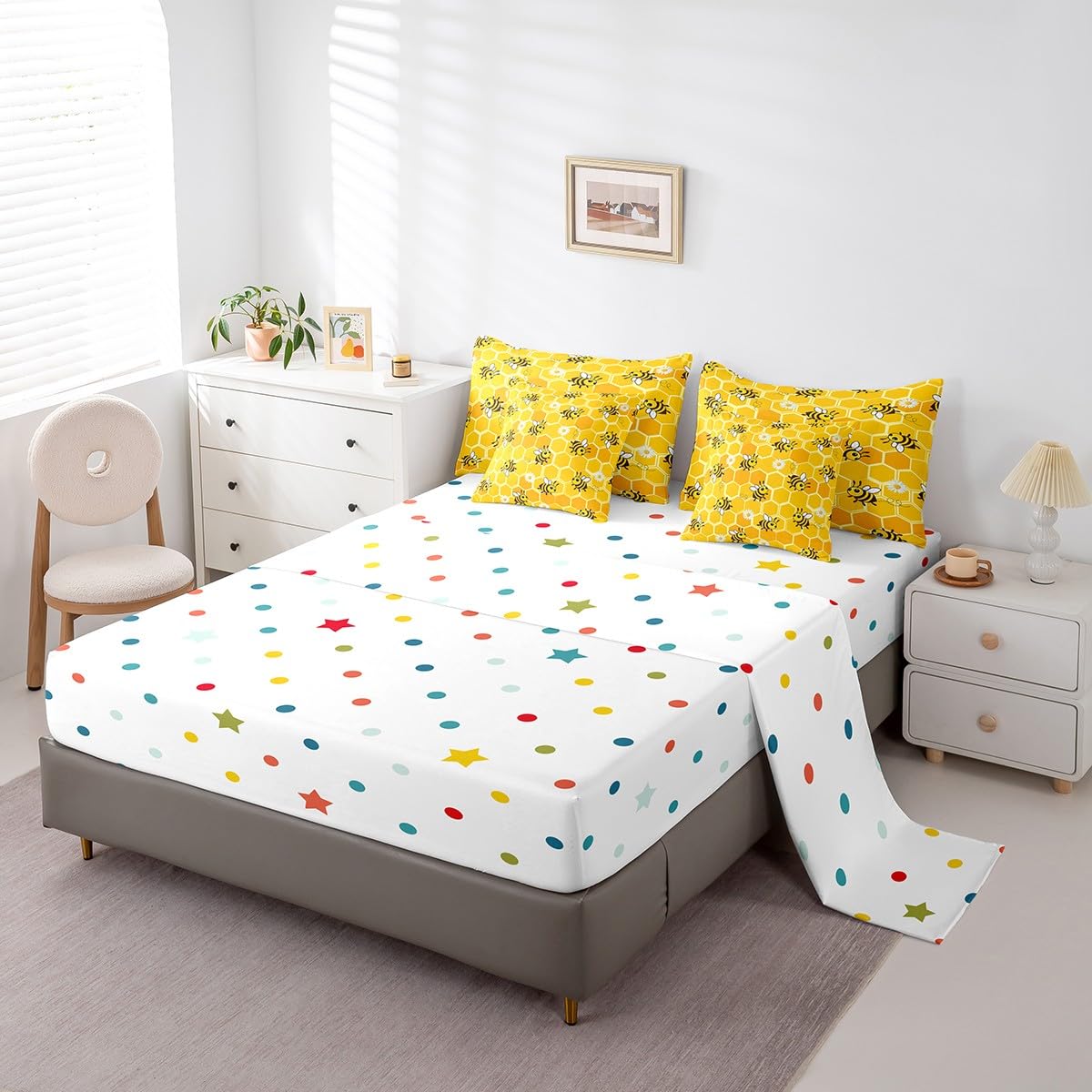 Erosebridal Cute Bee Comforter Set 7 Piece Bed in a Bag Twin,Hexagon Beehive Honeycomb Bedding Sets Rustic Daisy Flowers Comforter and Sheet Set,Cartoon Honeybee Wild Animal Bed Set