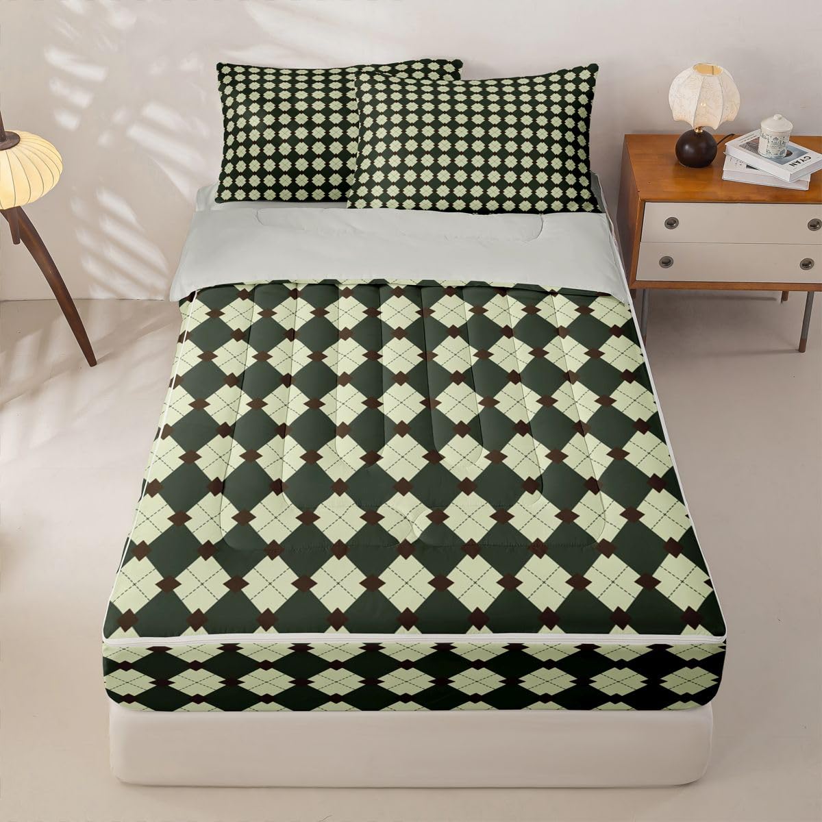 Feelyou Plaid Zipper Bedding Full Maze Lattice Zipper Bedding Sets for Kids Boys Girls Checkered Printed Comforter Set with Fitted Sheet and Pillowcases Ethnic Monochrome Texture Bedroom Decor