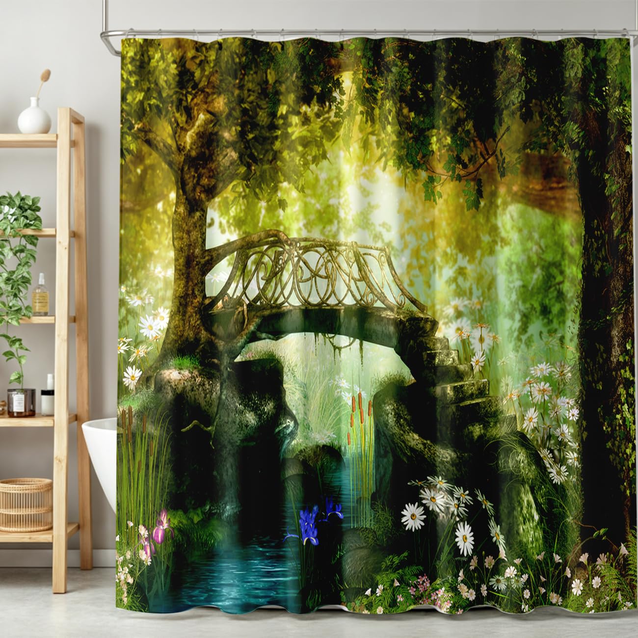 TYVGICZ Forest Shower Curtains,Tree Cave Drapes Fantasy Nature Landscape Backdrop Rainforest Jungle Bath Curtains for Bathroom Decor Polyester Fabric，66x72 Inch
