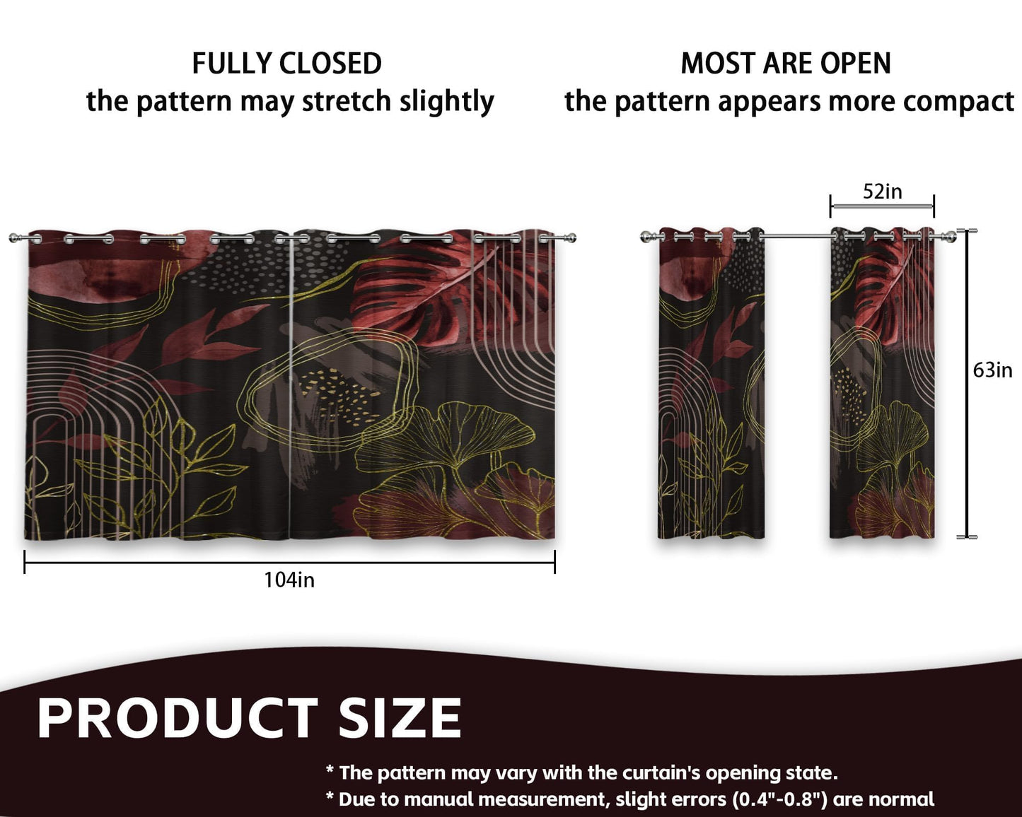 soeeao Boho Dark Brown and Gold Leaf Blackout Curtains, Bohemian Mid Century Modern Chocolate Brown Palm Window Drapes for Bedroom Living Room, 63 inch Length 2 Panels Set, 52x63 inch