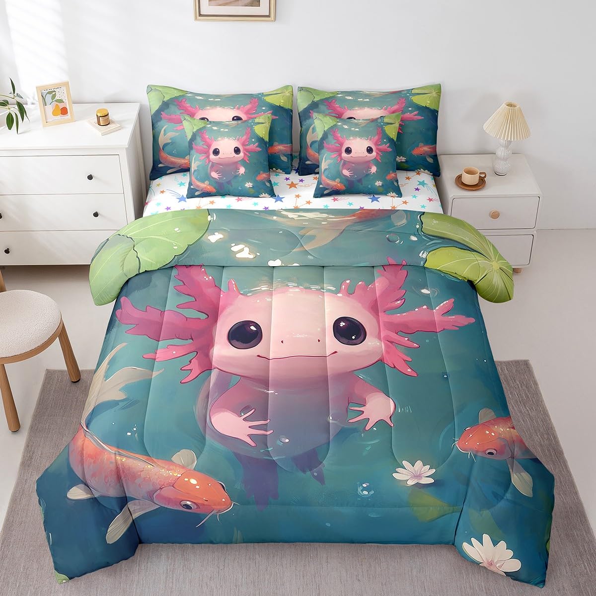Feelyou Kids Cute Axolotl 7 Pieces Bedding Set Twin Size, Cartoon Salamander Bed in A Bag Ocean Sealife Comforter Set with Sheets Boys Girls Kawaii Animal Teens Bed Set Bedroom Decor 7Pcs