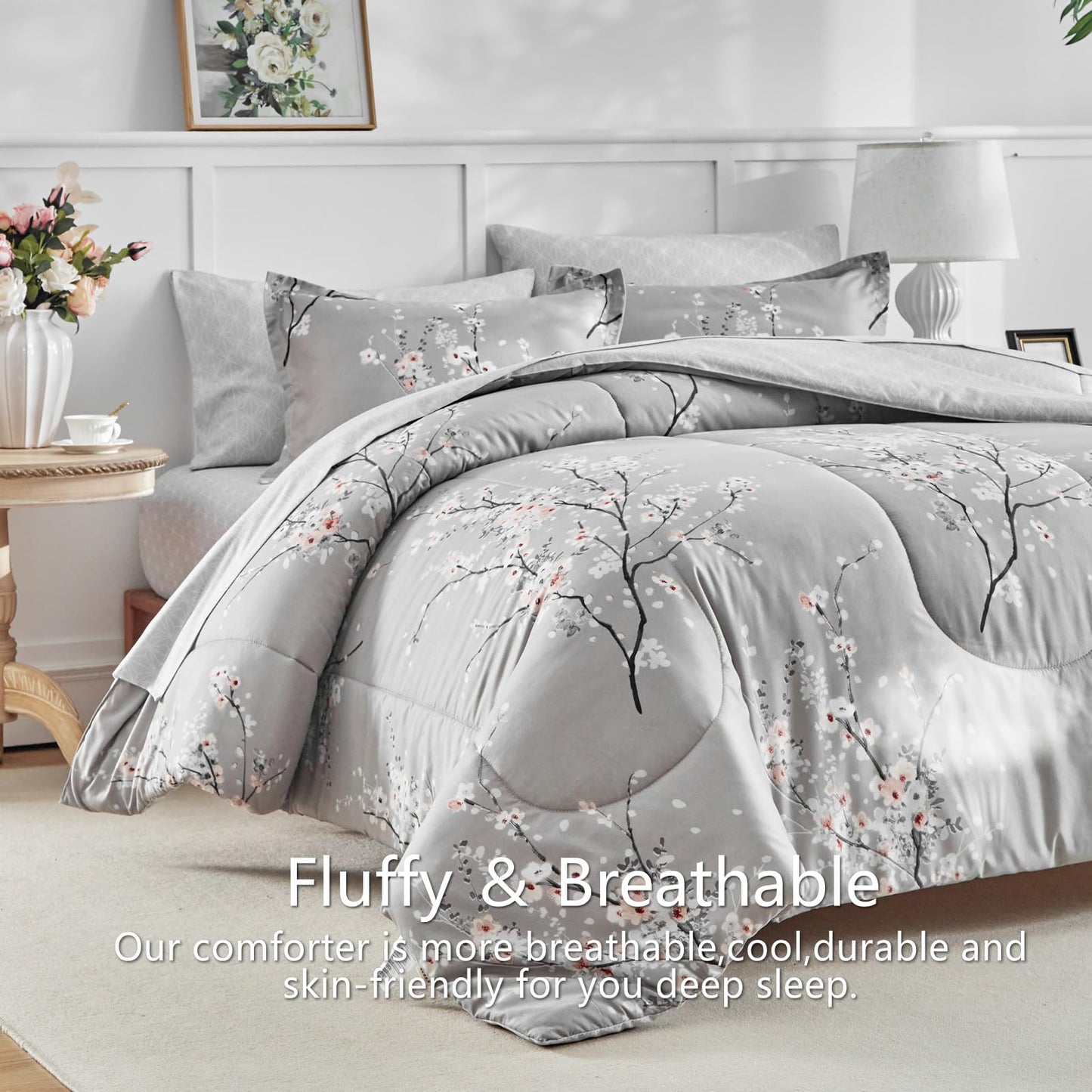 AIKASY Bed in a Bag 7 Pieces King Size - Floral Print - Soft Microfiber, Reversible Bed Comforter Set (1 Comforter, 2 Pillow Shams, 1 Flat Sheet, 1 Fitted Sheet, 2 Pillowcases)（Grey, King）