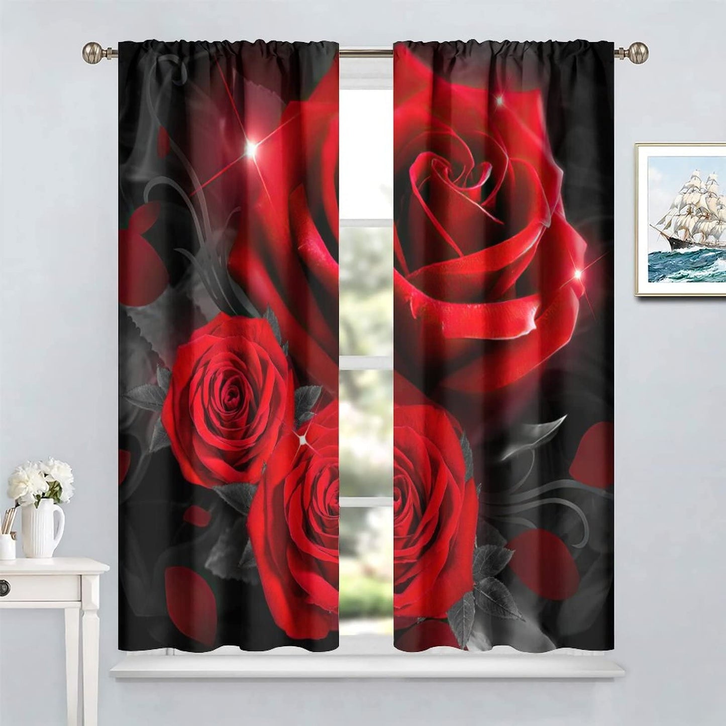 Red Roses Curtains Black Black Out Curtains Children's Room Curtains 42x45in