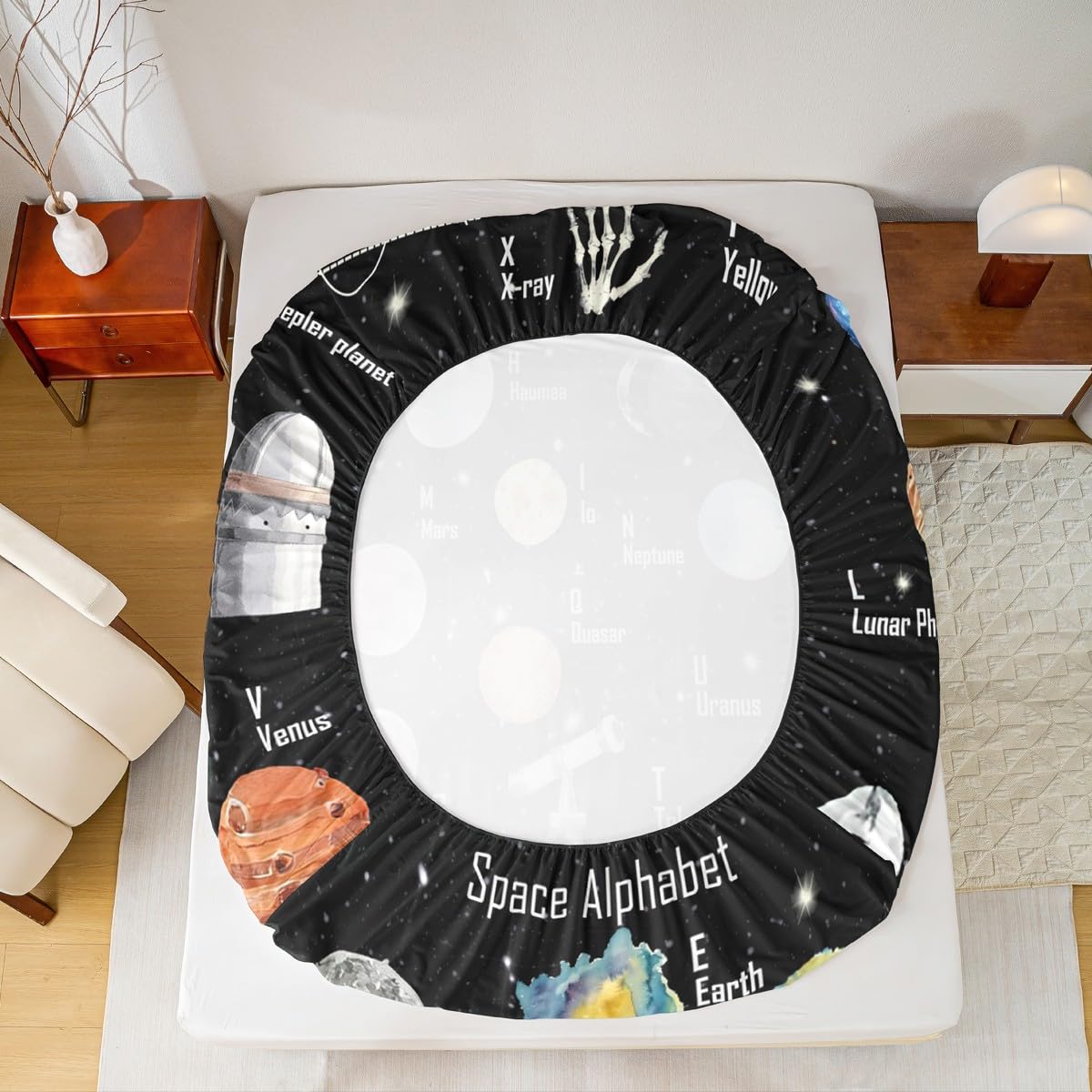 Solar System Bedding Set Twin Size for Boys Girls, ABC Alphabet Bed Sheet Set Solar System Alphabet Fitted Sheet Educational Bed Cover with 1 Pillow Case (No Flat Sheet)