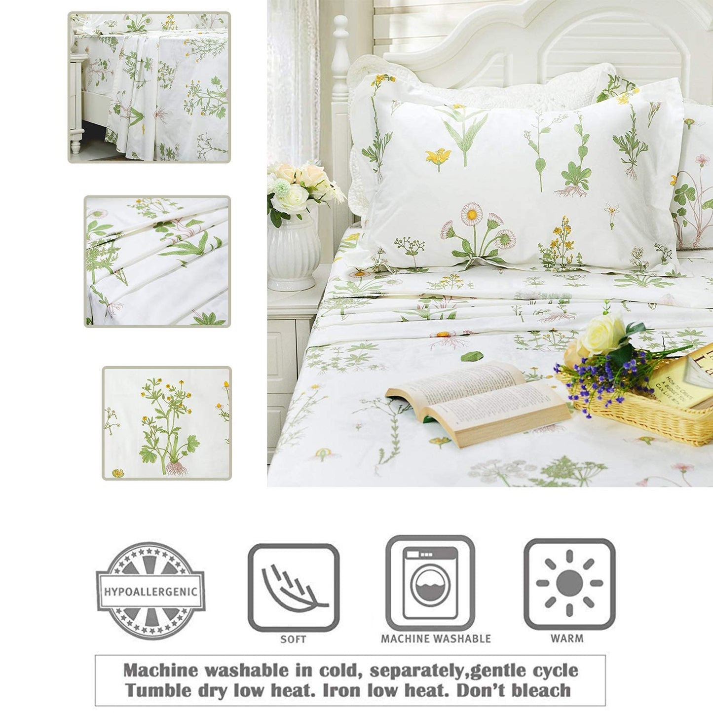 FADFAY King Bed Set Girls Bedding Farmhouse Bedding 100% Cotton Floral Bed Sheets Deep Pocket Flower Fitted Sheet Set Cozy House Sheets for All-Season (4Pcs, White, King Size)
