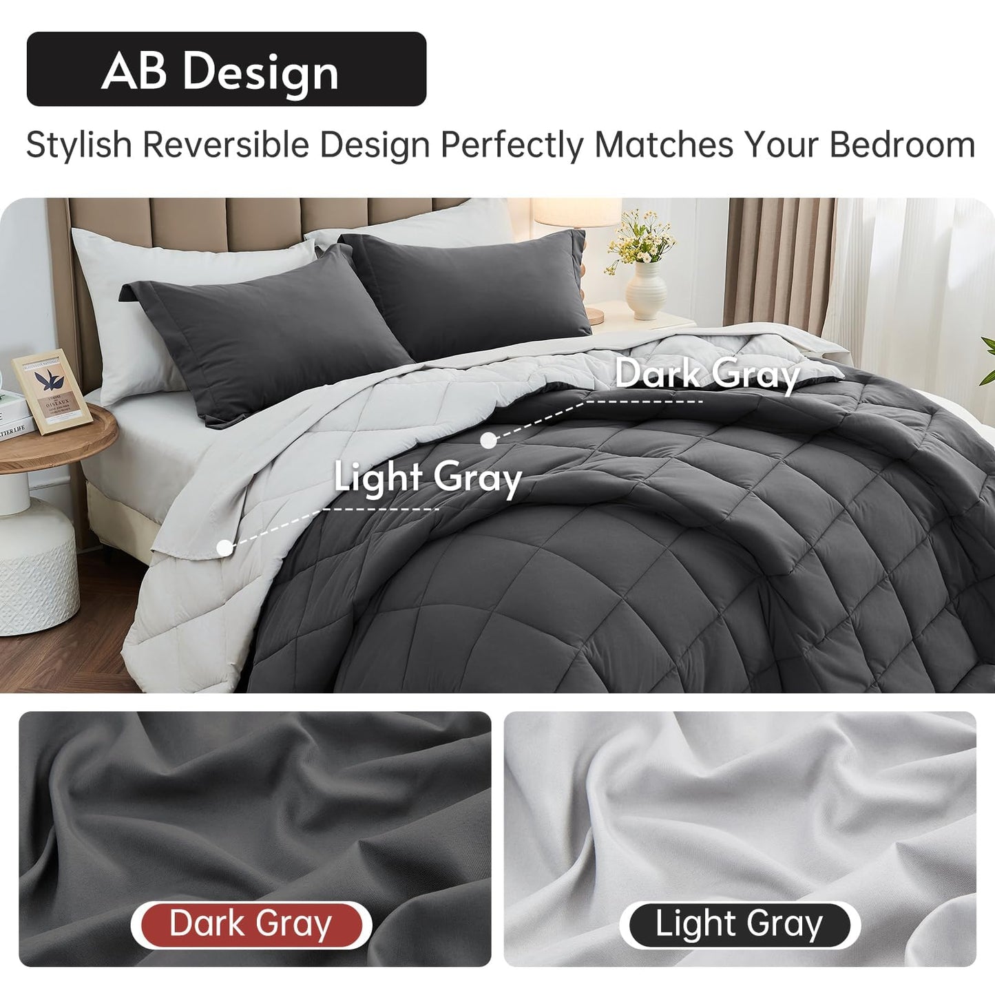 MUXHOMO 7 Pieces California King Comforter Set, Reversible Bed in a Bag Cal King Size, All Season Bedding Set with Comforter, Flat Sheet, Fitted Sheet, Pillowcases & Shams, Dark Grey & Light Grey