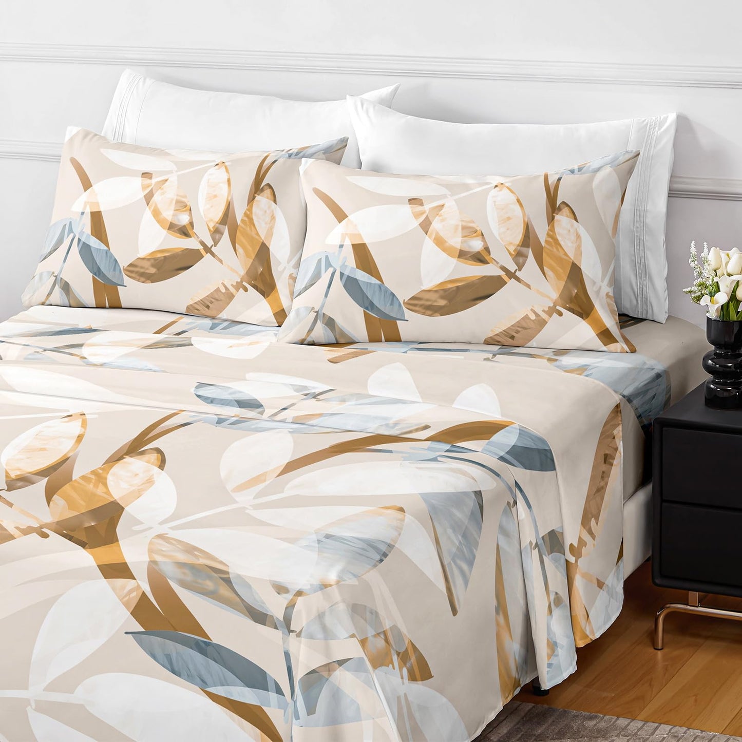 HCORA Floral King Size Sheets Set, Luxury 1800TC Hotel Quality Double Brushed Microfiber Deep Pocket Bed Sheets, Ultra Soft, Breathable and Cooling, 4PC, King