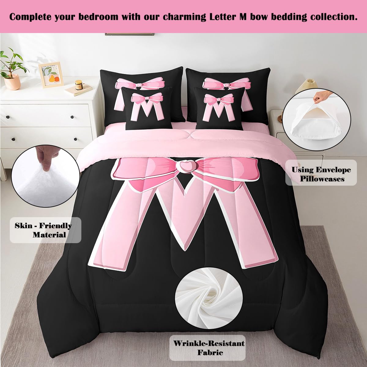 jejeloiu Kawaii Pink Bow Twin Comforter Set with Sheets,Gifts for Women Teen Girl,Personalized Initial Letter M 7 Piece Bedding Set,Soft Monogrammed Bed in a Bag with Comforter,Sheets,Pillowcases