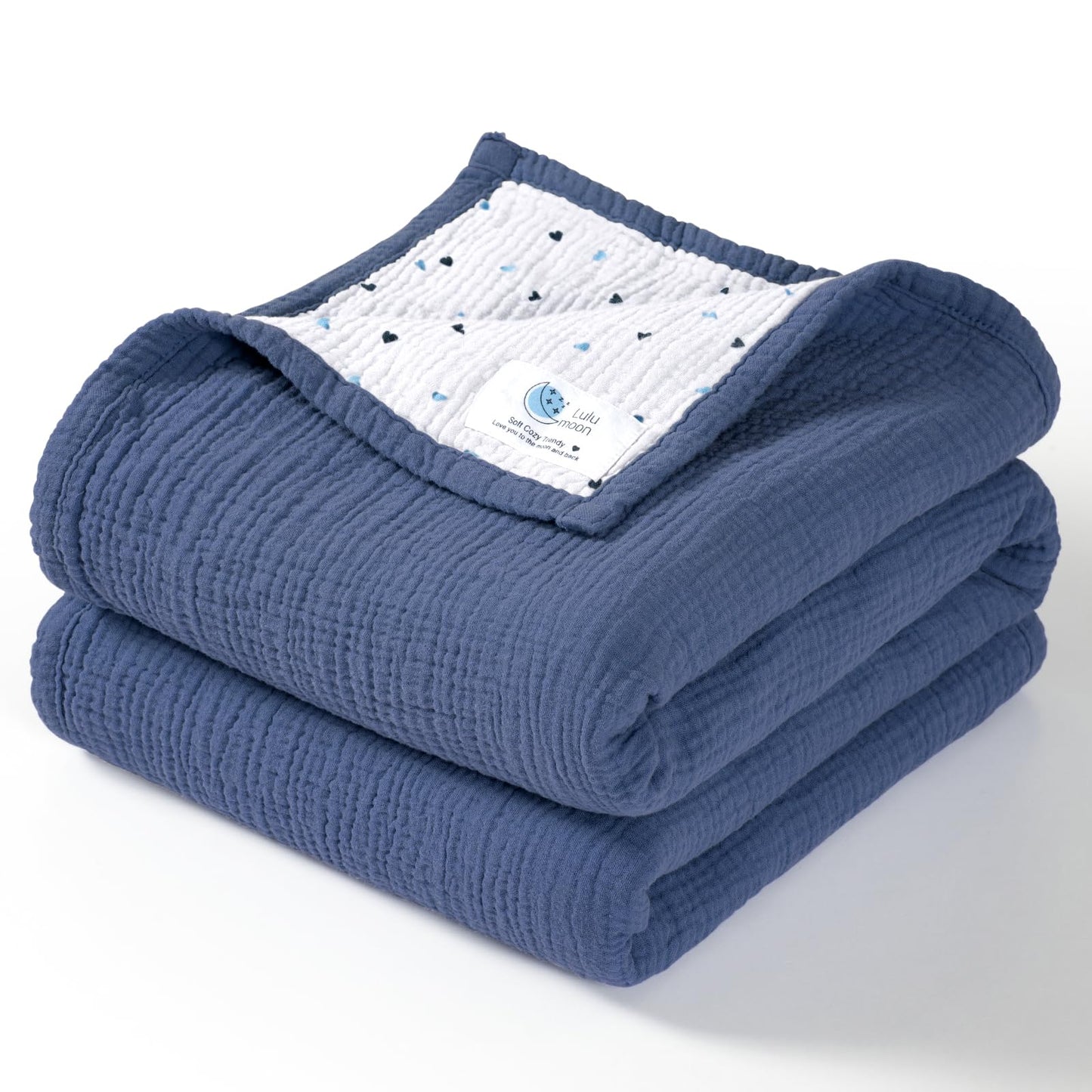 lulumoon Muslin Baby Blanket for Boys: Soft Cotton Toddler Blanket for Daycare - Reversible Lightweight Crib Bedding for Stroller & Travel 47"x47"(Blue)