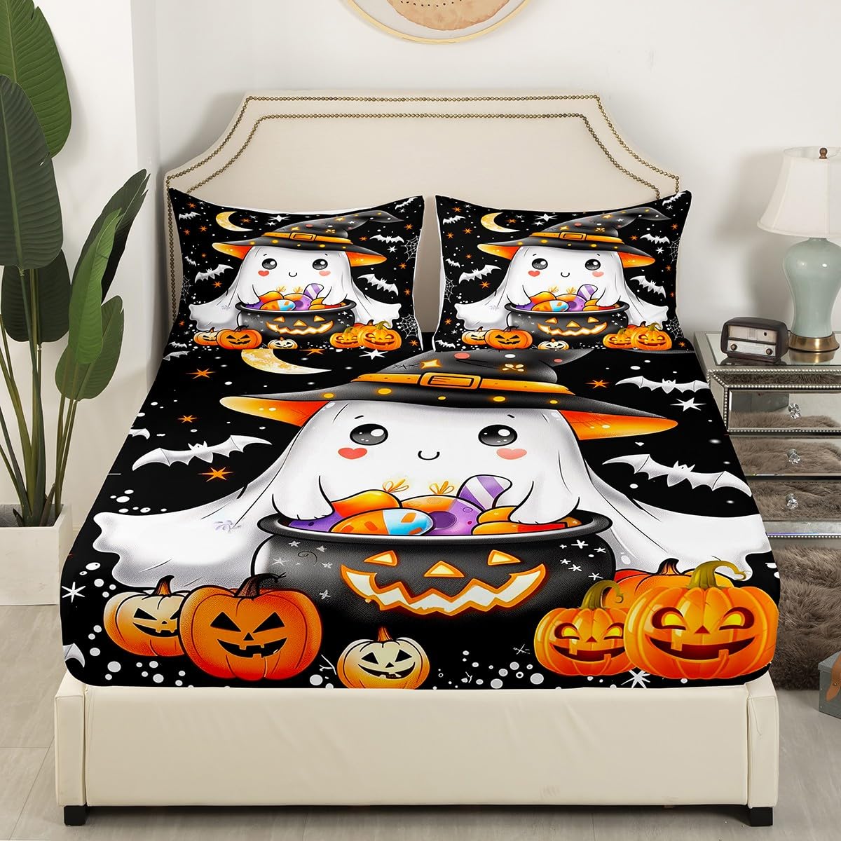 Cute Witch Ghost Fitted Sheet 3 Pcs,White Bat Silhouette Polka Dot Soft Microfiber Sheets Breathable Bedding,Watercolor Pumpinks Candys Bedsheet with Deep Pocket