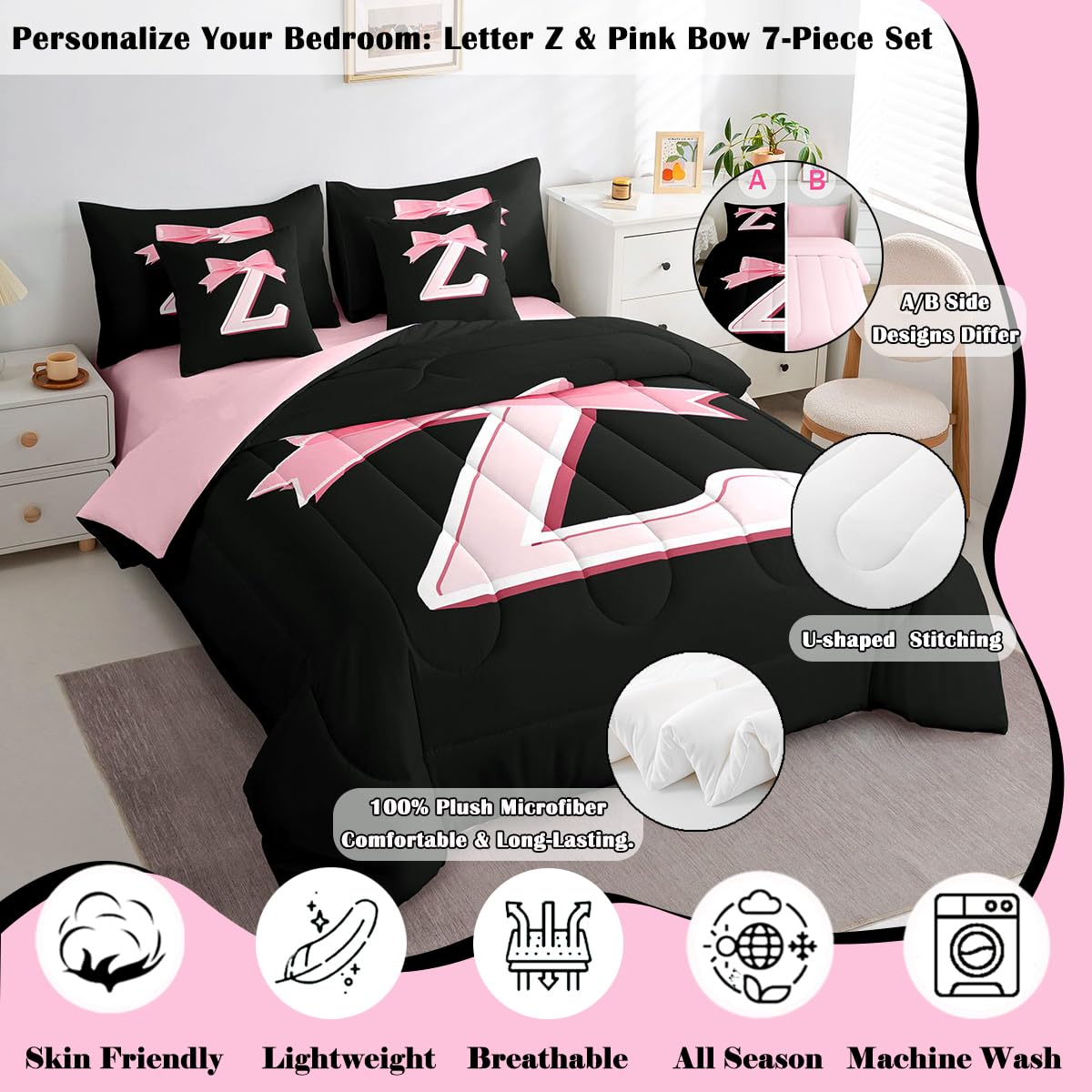 jejeloiu Kawaii Pink Bow Twin Comforter Set with Sheets,Gifts for Women Teen Girl,Monogrammed 7 Piece Bedding Set,Soft Personalized Initial Letter Z Bed in a Bag with Comforter,Sheets,Pillowcases