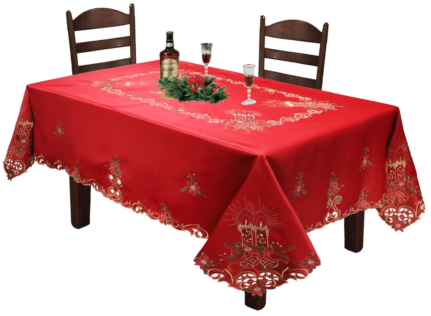 Creative Linens Holiday Christmas Embroidered Poinsettia Candle Bell Tablecloth 70x90 Rectangular with 8 Napkins RED Gold