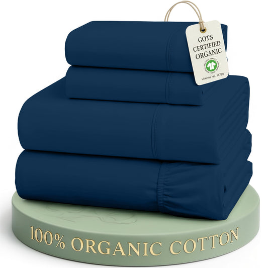 LANE LINEN Eco Friendly 100% Organic Cotton Bed Sheets Queen Size, Soft & Comfy Percale Weave, Fully Elasticized Mercerized Naturally Cooling Cotton Sheets Queen Size Set- Navy