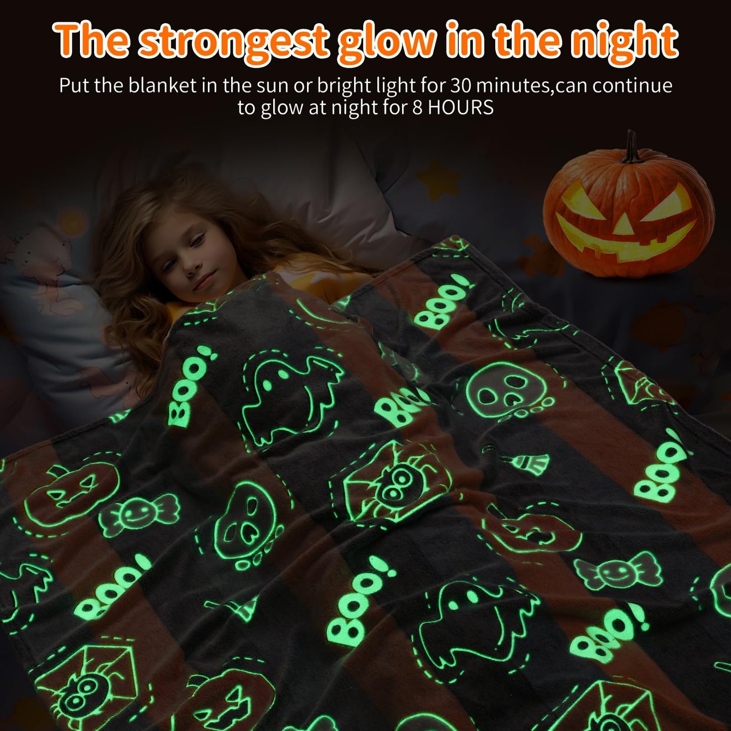 LIFEYJ Glow in The Dark Halloween Blanket Gifts for Girls Boys, Soft Pumpkin Blanket 3 4 5 6 7 8 9 10 Year Old Girl Gifts, Girls Toys Age 6-8, Girls Gifts for Birthday, 50"x60"