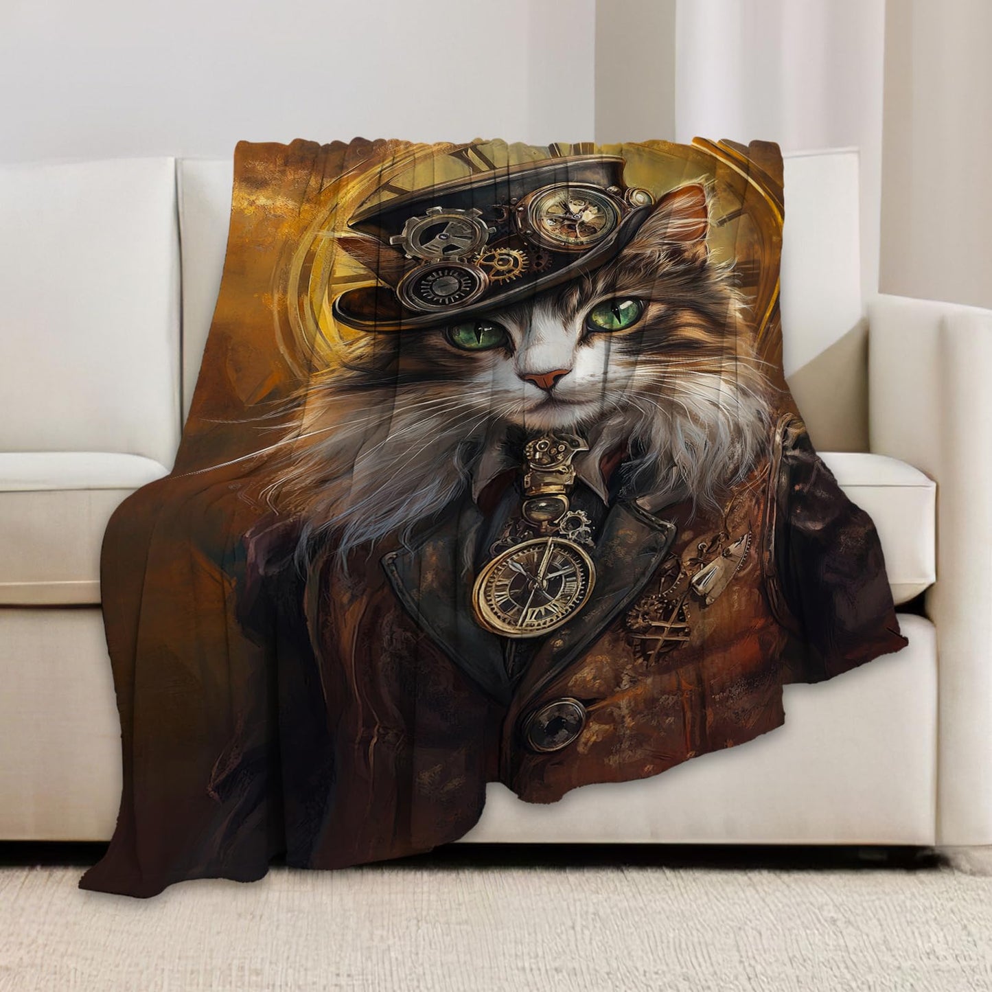 Cat Blanket, Steampunk Throw Blanket, Cats Gifts, Steampunk Blankets, Cats Stuff Fleece Flannel Plush for Women Men Boys Girls Lovers Adults Soft Bedding for Sofa Bed Office Home Decor 40"X50"