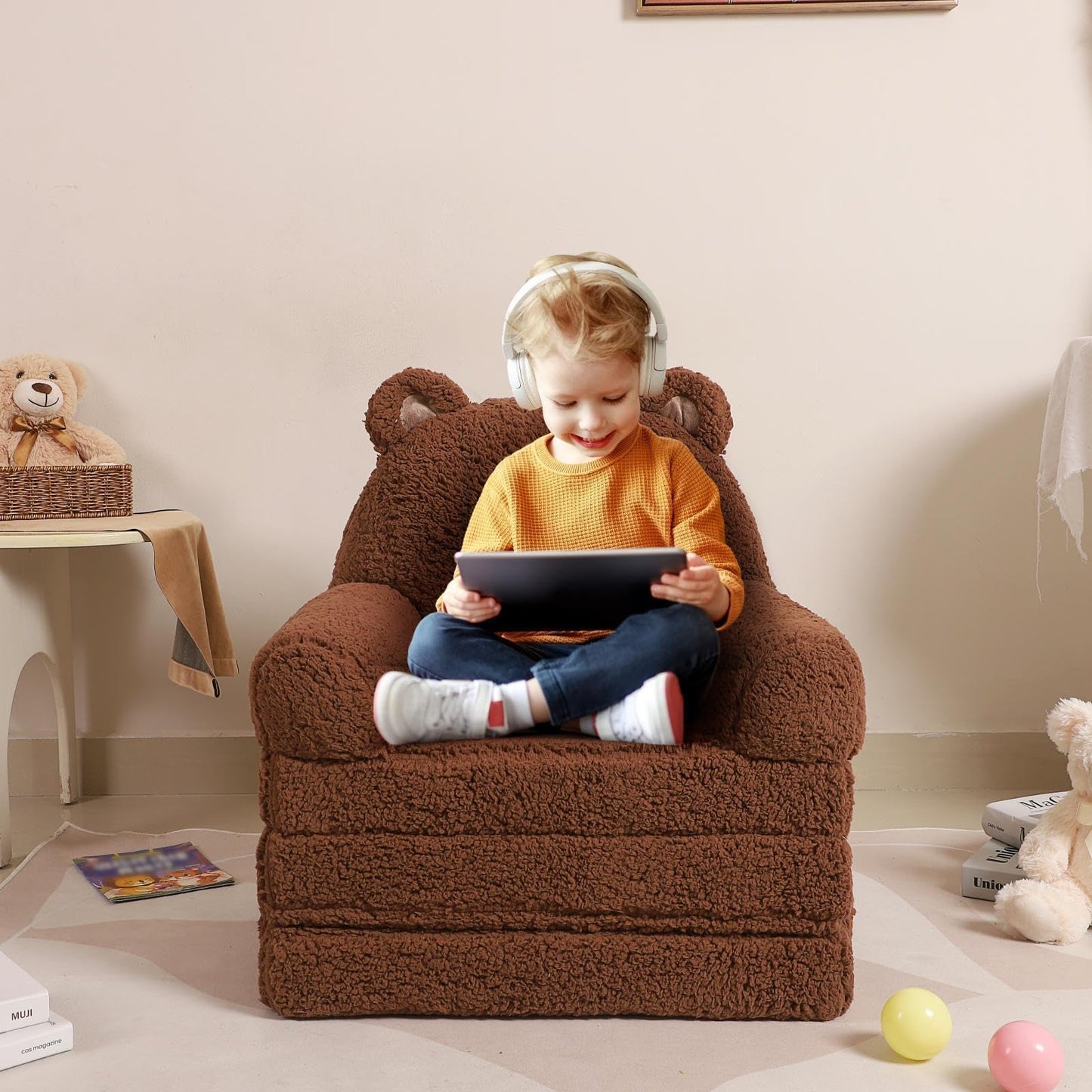 MOMCAYWEX Kids Sofa, Sherpa Couch with Tri-Layer Foam Cushions, Soft Comfy Seating for Kids Age 3–6 Years, Brown