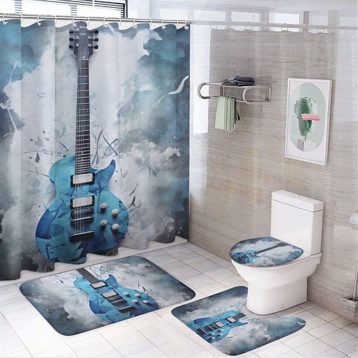 FOCCAFB 4Pcs Abstract Guitar Bathroom Sets with Shower Curtain Rugs Mats Blue Natural Musical Instrument Bathroom Decorations Sets with Non Slip Rugs Toilet Lid Cover Bath Mat, Style-2