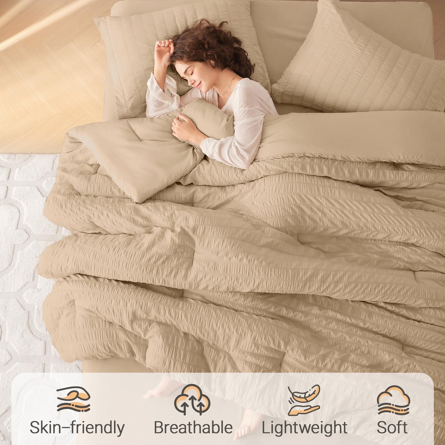 MUXHOMO 7 Pieces Queen Comforter Set, Seersucker Bed in a Bag Queen Size, All Season Luxury Bedding Set with Comforter, Flat Sheet, Fitted Sheet, Pillowcases & Shams, Khaki