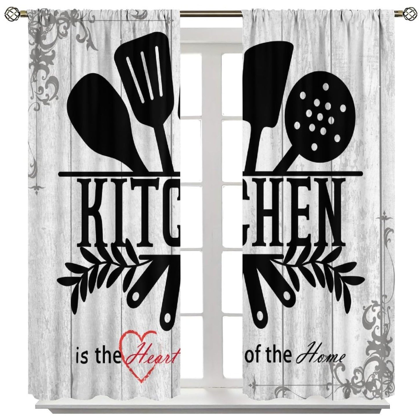 Fblifil Rustic Kitchen Curtains Funny Quotes Farmhouse Wooden Plank Wood Knife and Spoon Country Farm Rod Pocket Window Treatment for Bedroom Living Room Kitchen Decor 42" W X 45" L