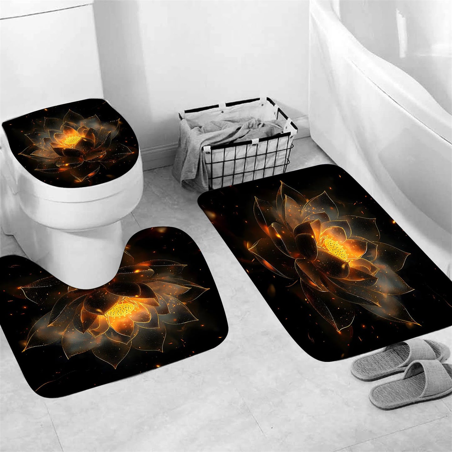 AZHM Luxury Golden Lotus Shower Curtain Set 4 PCS Black Gold Floral Bathroom Decor Set with Non-Slip Bath Rugs, Toilet Lid Cover and U-Shaped Mat