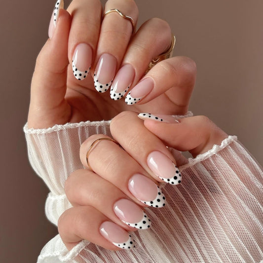 Press On Nails Almond Medium – Nude Pink French Tips with Black & White Polka Dot Design, 24PCS Glossy Acrylic Fake Nails, Reusable Stick On Nails Kit with Glue & Tools for Women, Trendy DIY Manicure