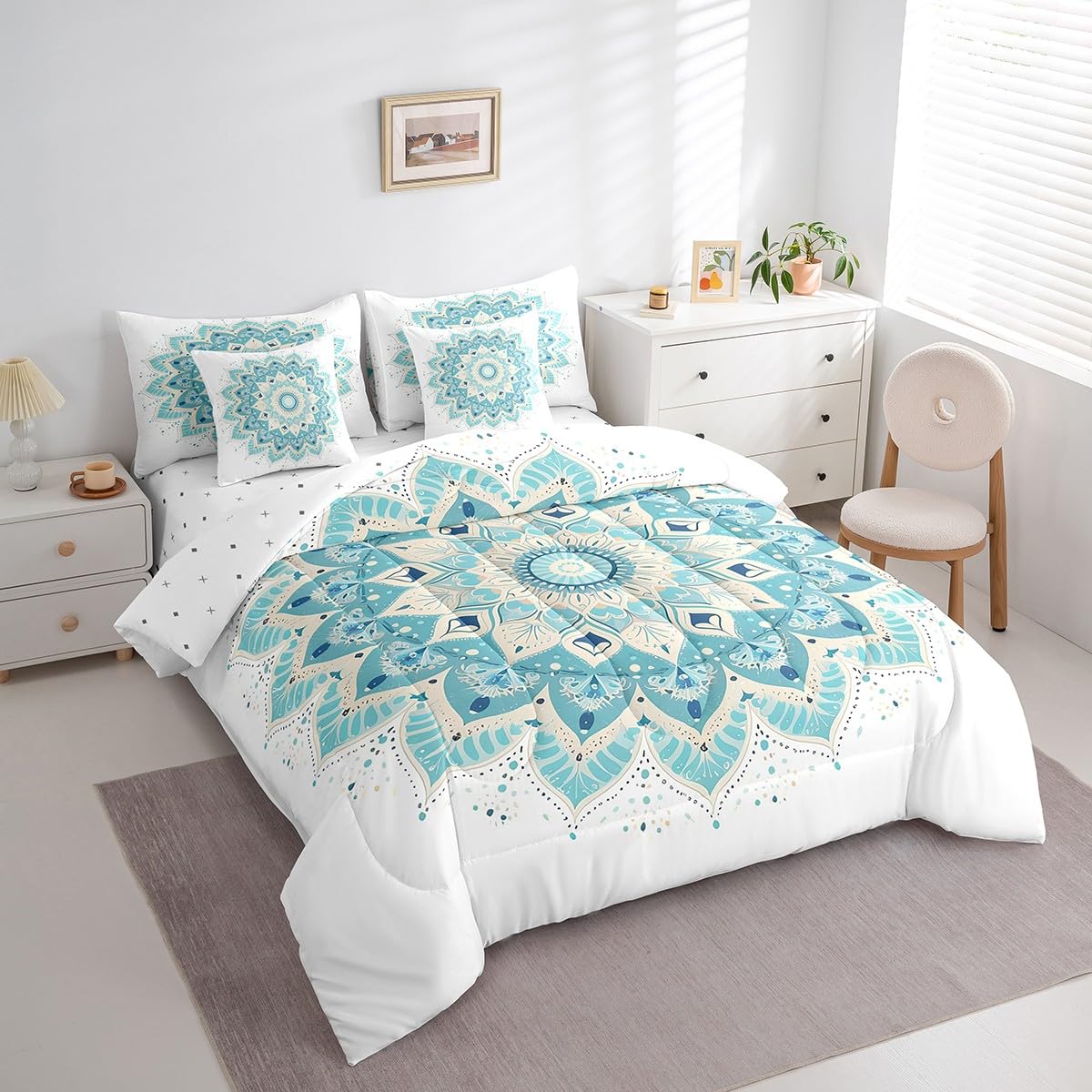 jejeloiu Hippie Mandala Comforter Set 7 Pieces Full Size Kids Boho Mandala Bed in a Bag for Boys Girls Bohemian Style Bedding Set Green,Comforter + Sheets + Pillowcases + Cushion Covers