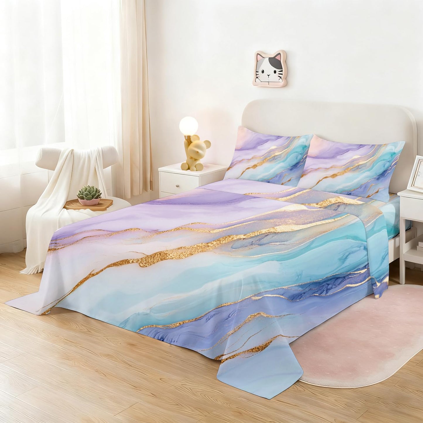 VTKON Pastel Marble Sheets Sets Twin Size Elegant Marbling Fitted Sheet Set Colorful Bed Sheet for Kids Teens Adults Modern Bedspread 1 Fitted Sheet+1 Flat Sheet+1 Pillowcase
