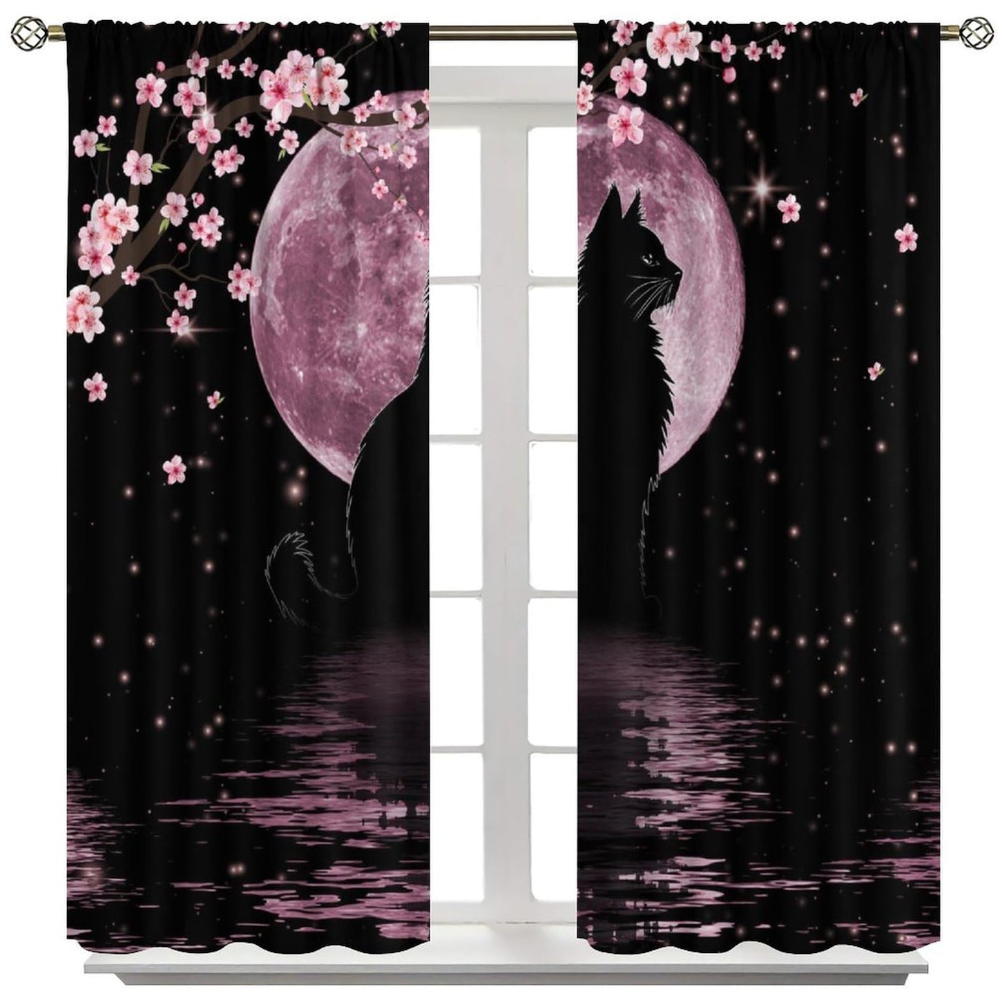 wlsgdsg Asian Cat Curtains for Kitchen Cartoon Cherry Blossom Pink Floral Moon Phase Black Cat Japanese Style Kawaii Cute Print for Kids Bedroom Living Room Bathroom 42x45In（No Blackout）