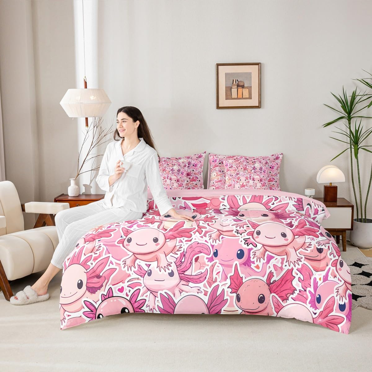 Erosebridal Girls Pink Axolotl Queen Comforter Set Kids Cute Axolotl Bed in a Bag with Flat and Fitted Sheet Kawaii Coastal Ocean Animal 7-Piece Bedding Set Cartoon Salamander Quilt Duvet Sets
