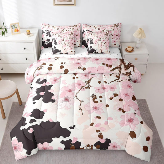 Erosebridal Pastel Pink Cherry Blossom Full Size Bed Sheets and Comforter Set,Western Cowhide 7 Piece Bedding Set Rustic Flowers Bed in a Bag,Farm Animals Skin Cow Print Bed Sets