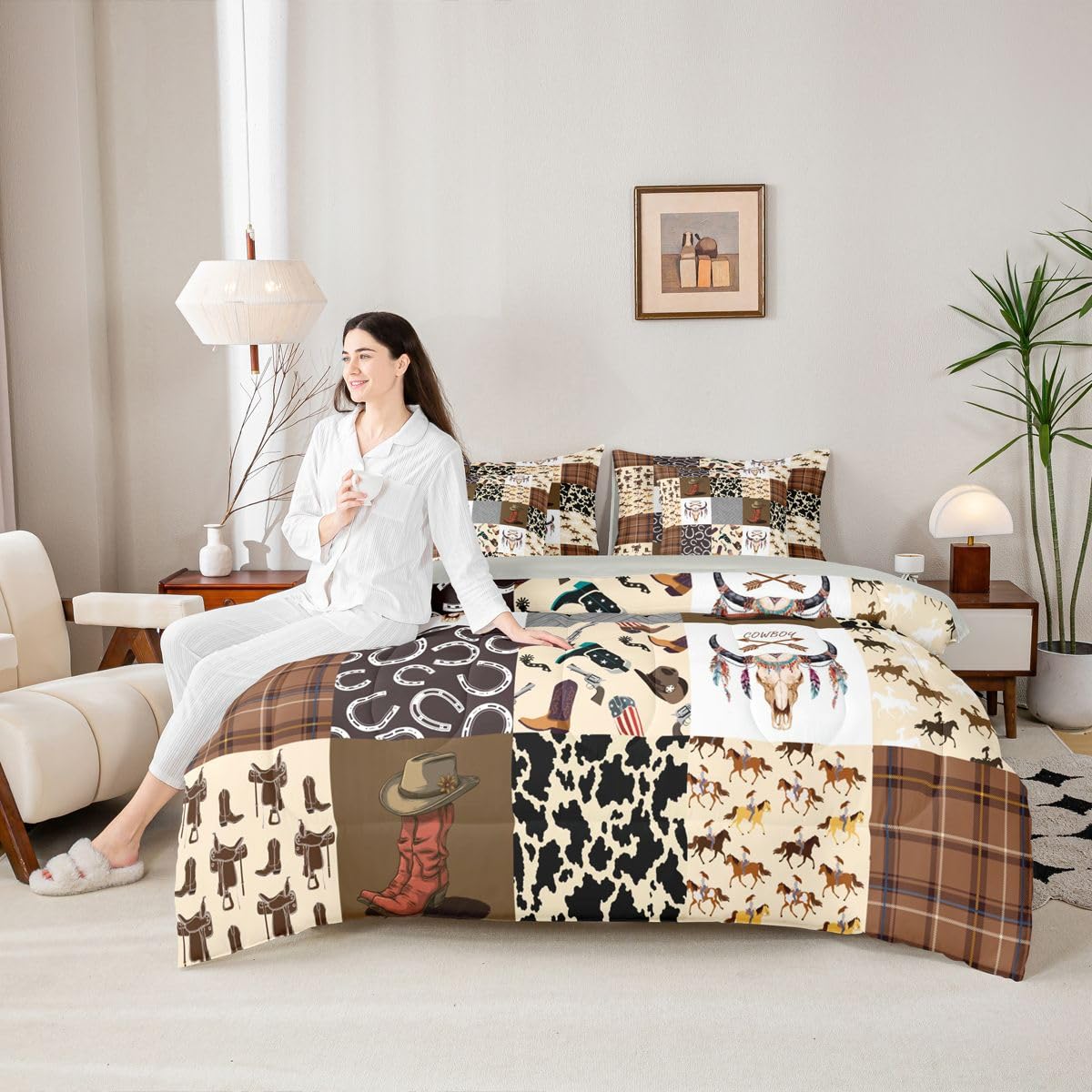 Erosebridal Country Western Twin Comforter Set with Sheets | Cowboy Boots Hat Rustic 7-Piece Bedding Set Horse Decor Cowboys Bed in a Bag, Farmhouse Cowhide Cow Skull Bed Sets,Brown