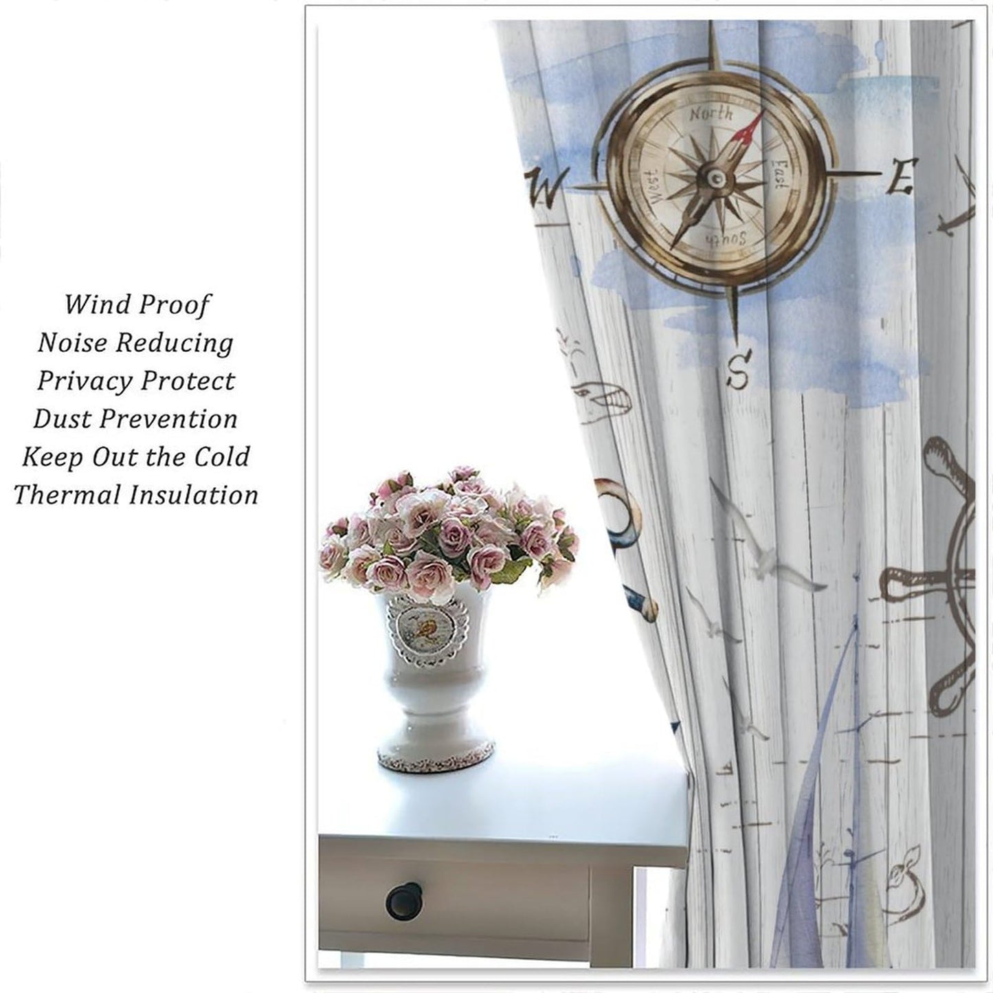 Nanacur Lighthou Nautical Map Curtains, Ocean Vintage Adventure Compass Anchor Shell Rod Pocket Window Treatment for Kids Bedroom Living Room Kitchen Drapes 41" W X 45" L (No Blackout)