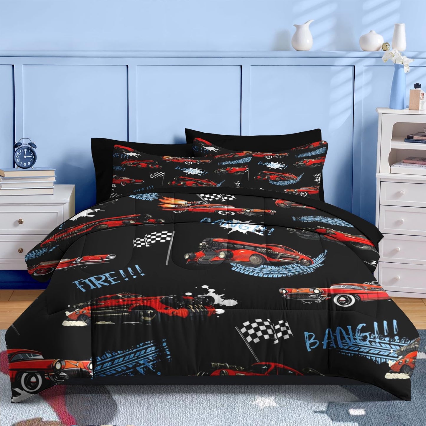 Nesker 5 Pcs Car Comforter Set Twin Size, Rad Race Car Boys Bedding Black Bed in a Bag for Kids and Adults, Retro Cool Truck Bed Sheet Sets with Fitted Sheet Pillowcases & Shams