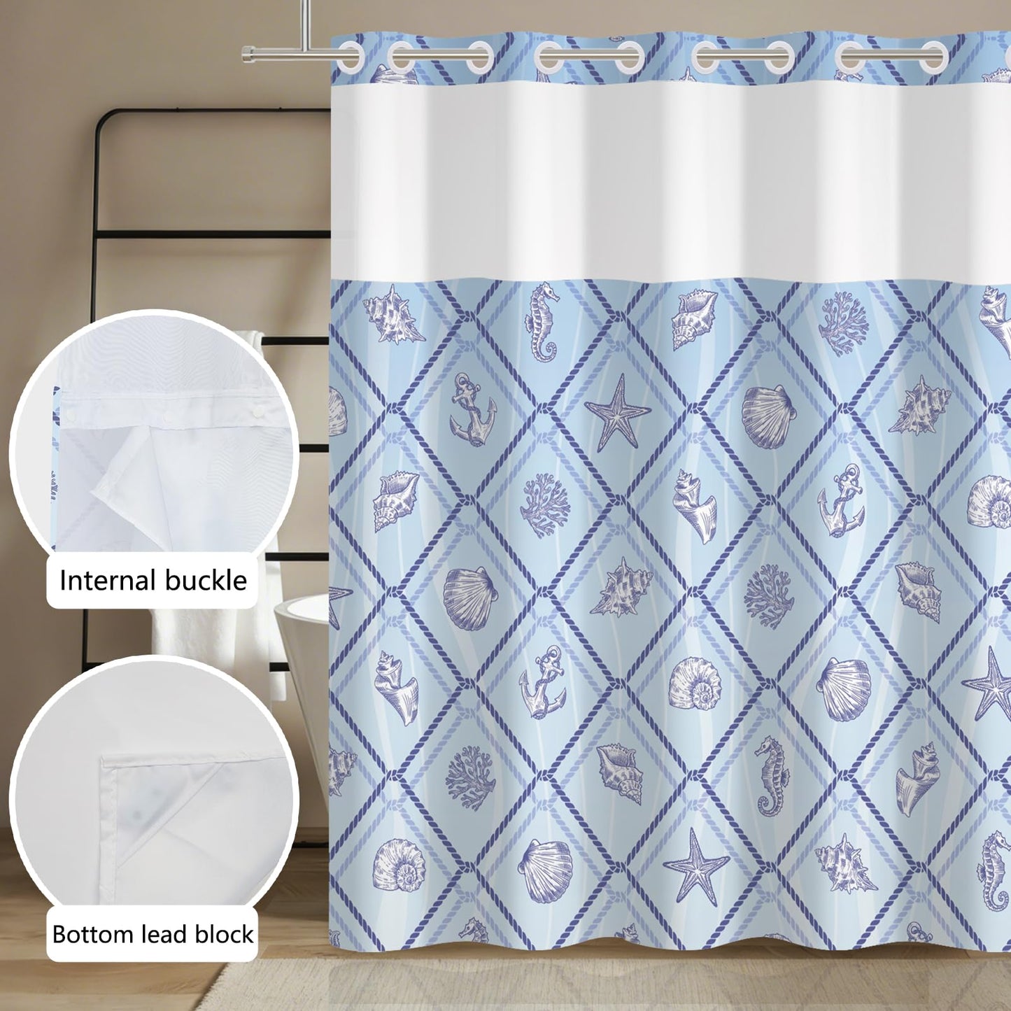 Xiazhilaio No Hook Ocean Shower Curtain with Snap in Liner 71W x 74H