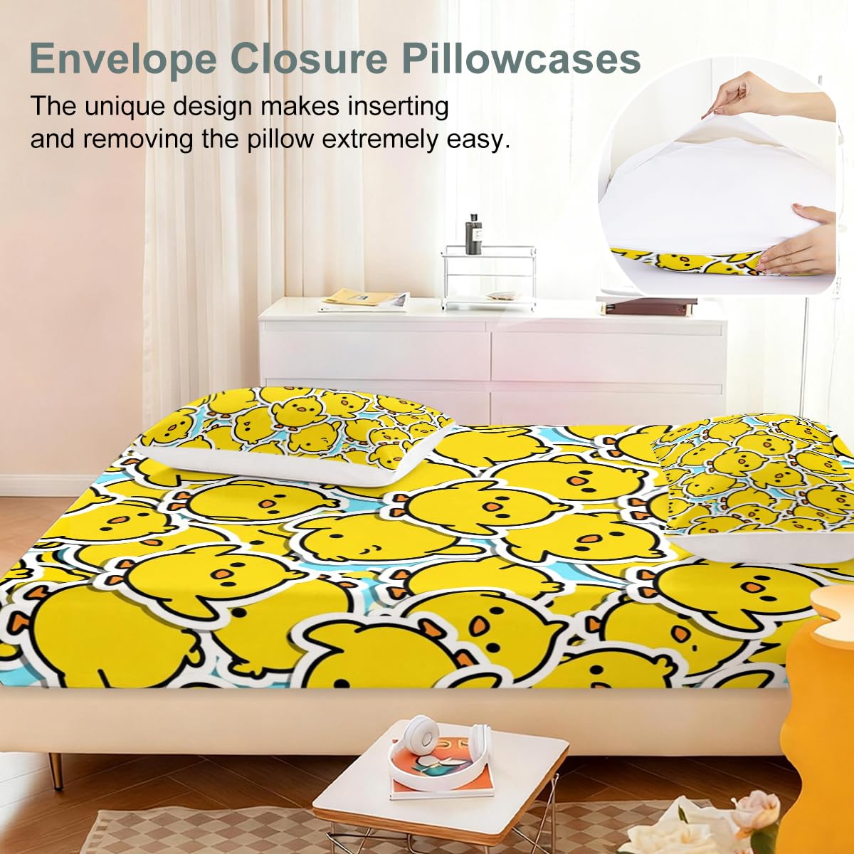 Cute Chicken Fitted Sheet Set Twin Size, 3 Pieces Happy Kawaii Chicken Bedding for Bedroom Decor, Bright Yellow Cartoon Chicken Microfiber Deep Pocket Bed Sheets with 2 Pillowcases (No Flat Sheet)