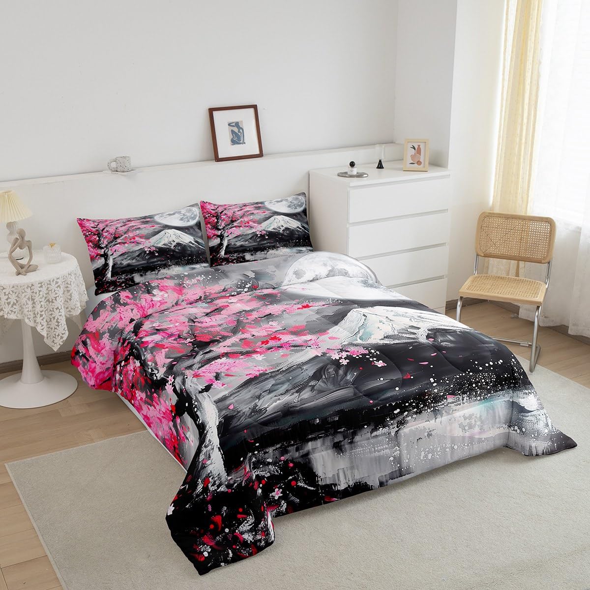 Castle Fairy Japanese Ukiyoe Comforter Set Twin Size,Fuji Mountain Scenery Quilt Set for Kids Girls Boys Home Room Decor Pink Cherry Blossoms Tree Bedding Set Retro Oil Painting Art Duvet Insert 2pcs